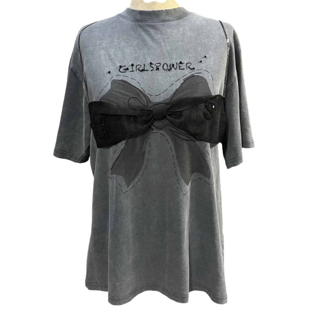 J Sister S Grey Bow Beaded Distressed Tee Girlspower Grunge Ballet Edgy Designer